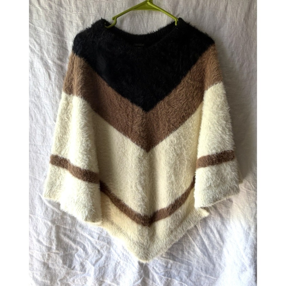 Ann‎ Taylor Brown Ivory Cozy Colorblock Chevron Poncho Sweater Sz XS/S